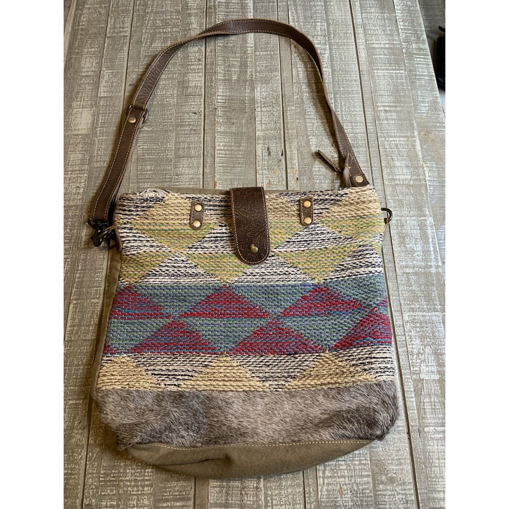 Myra Bag Angle Tangle Leather Cotton Canvas Shoulder Crossbody W/Pockets Purse